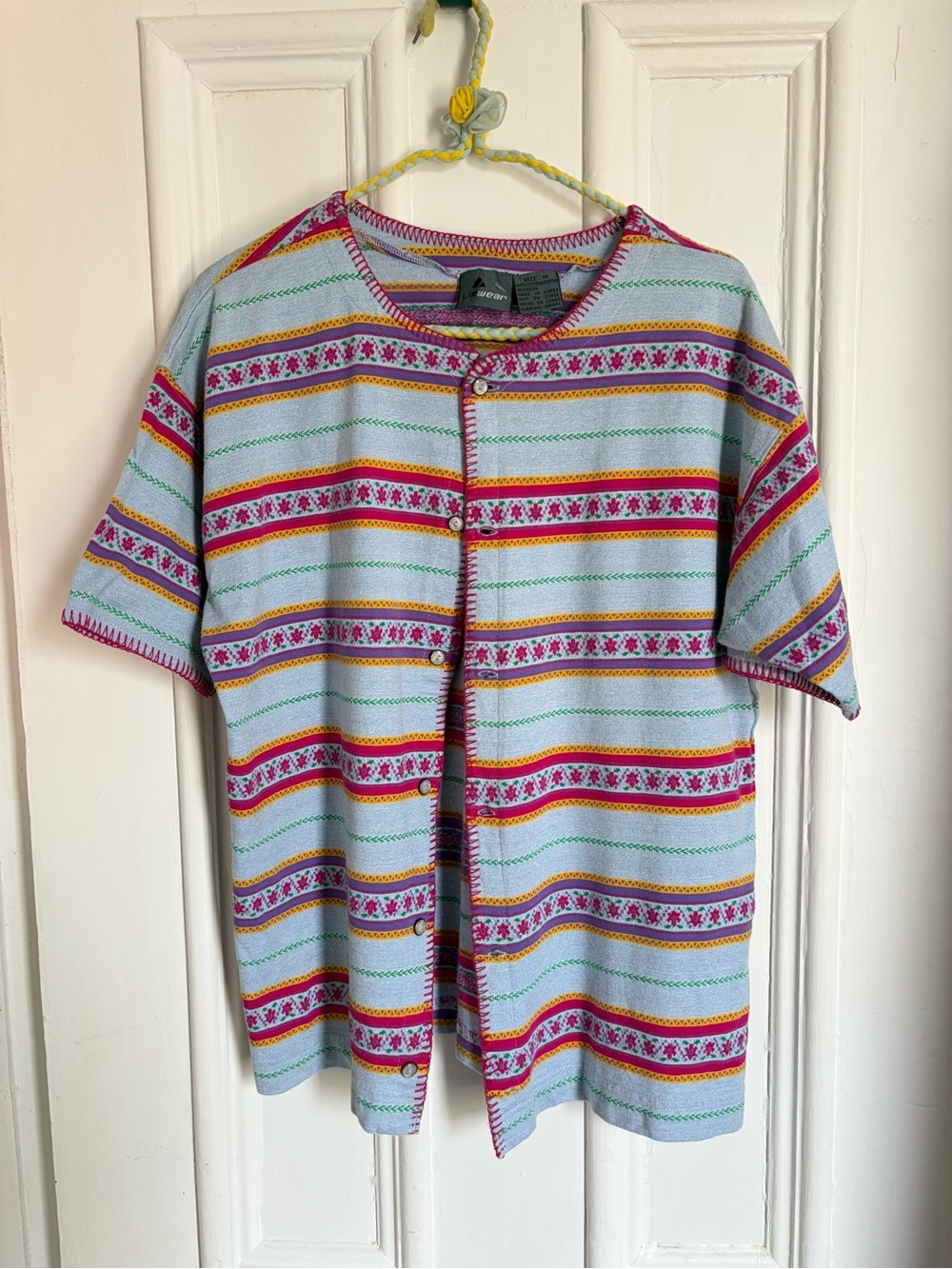 Vintage y2k 100% Cotton Short Sleeve Button Up Cardigan with Stripes & Floral